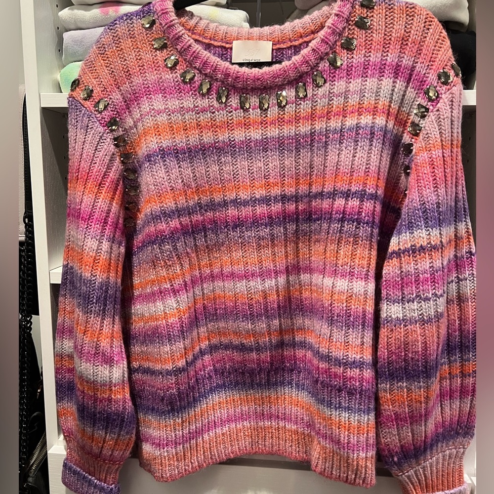 Cinq a Sept Striped Sweater with Stone Embellishment